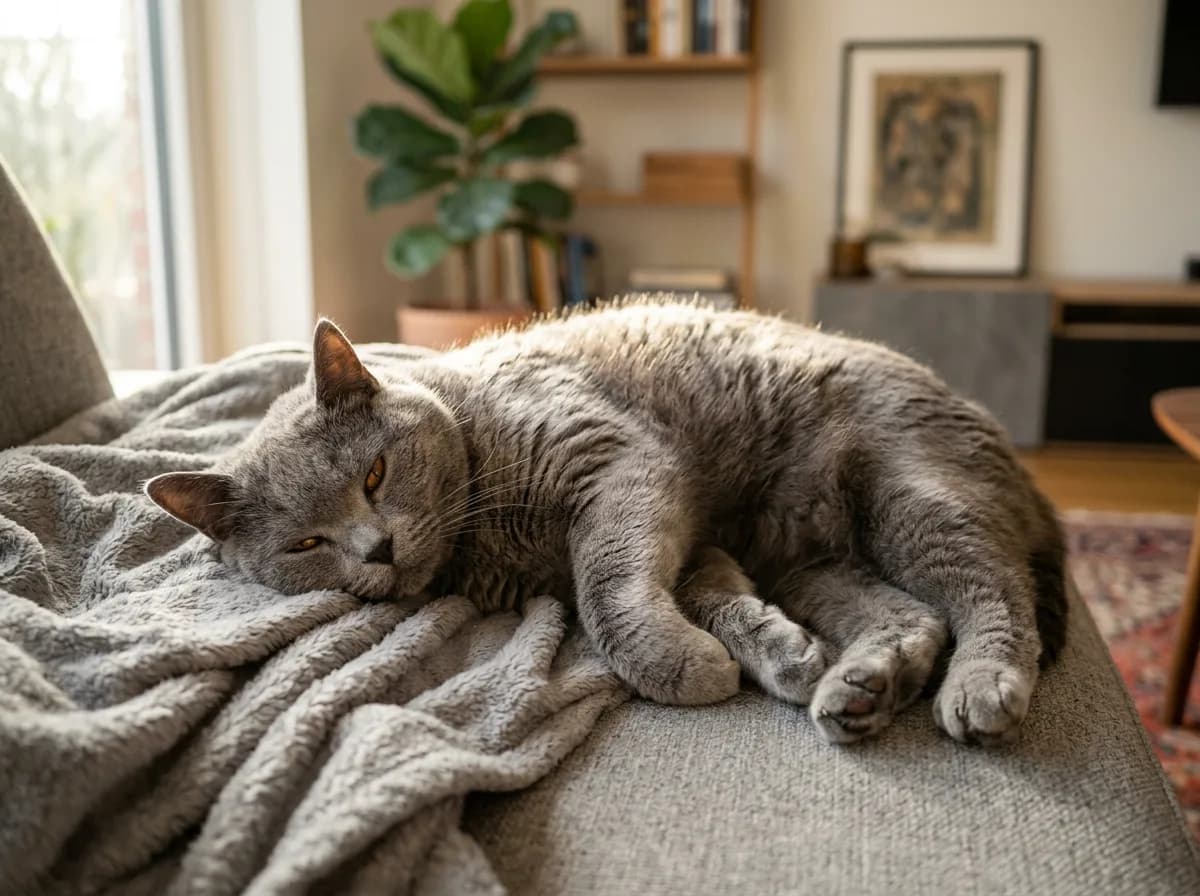 A relaxed adult Chartreux cat lounging on its side on a grey couch in soft afternoon light