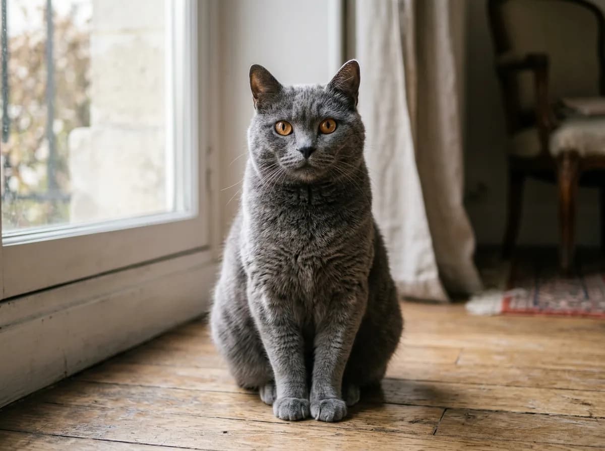 A blue-grey Chartreux cat with round copper-gold eyes sitting upright and facing the camera