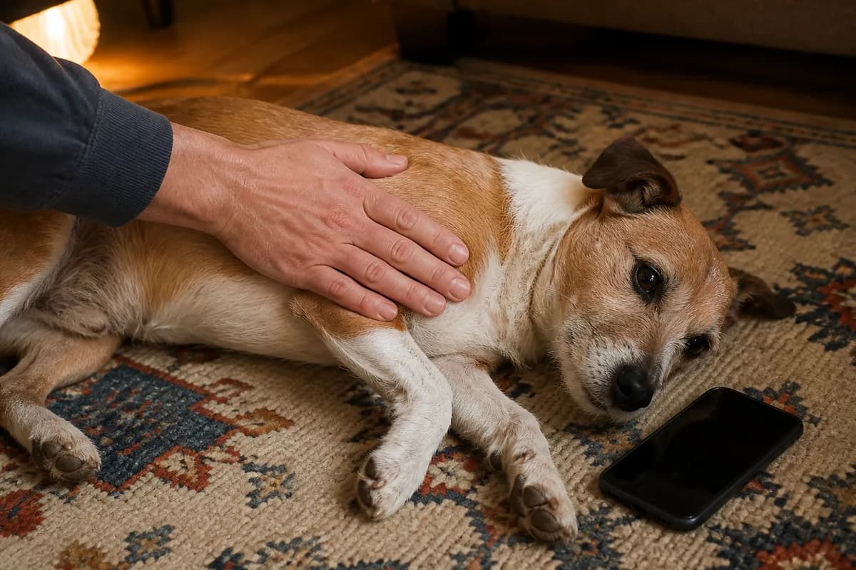 An owner's hand placed on the left side of a resting small dog's chest to check its heartbeat