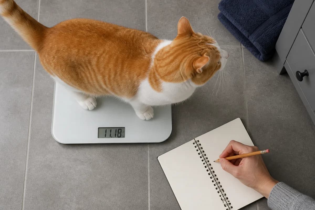 An orange-and-white cat standing on a digital pet scale beside a blank weight log