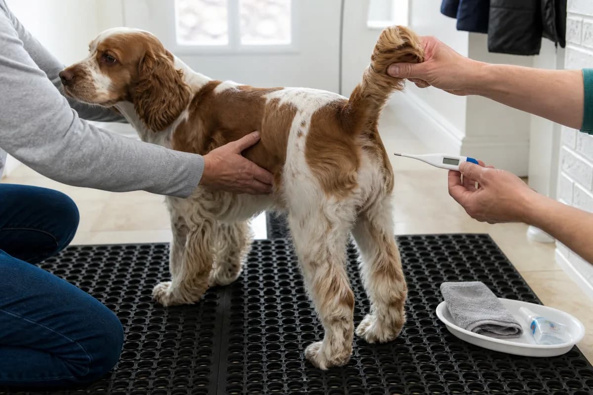 Two adults calmly preparing to take a cocker spaniel's temperature at home