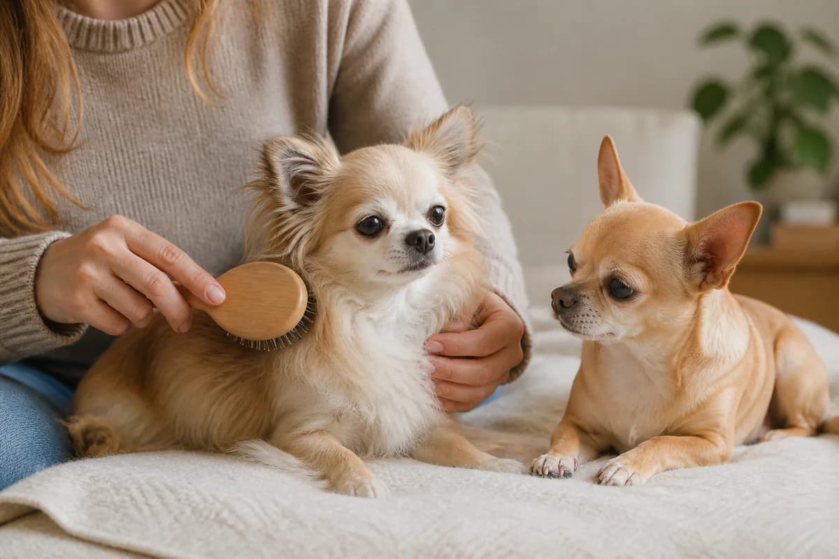 Owner gently brushing a relaxed long-coat Chihuahua beside a smooth-coat Chihuahua