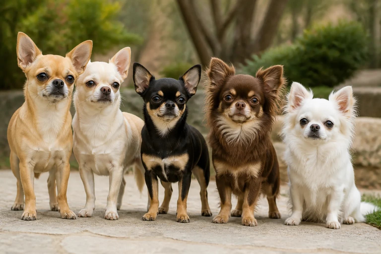 Group of adult smooth and long-coat Chihuahuas in fawn, cream, black, chocolate and white standing naturally in even daylight