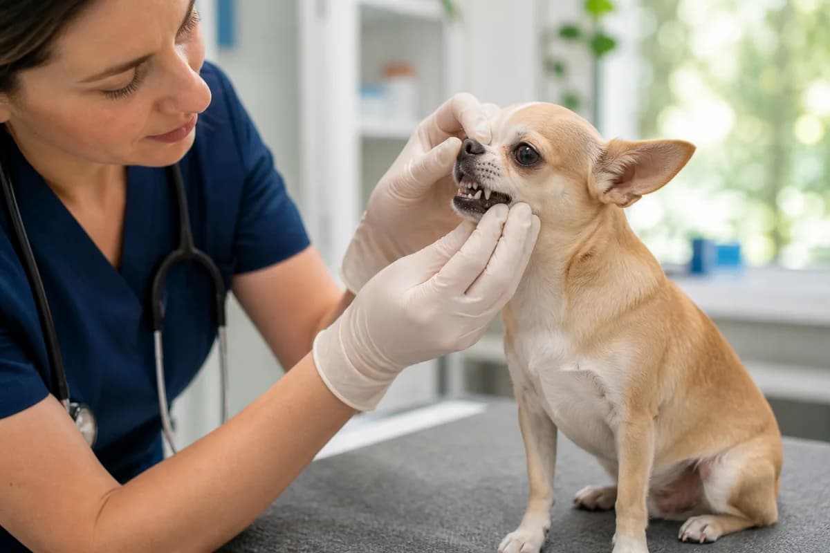 Veterinarian gently examining a Chihuahua mouth during a routine dental assessment