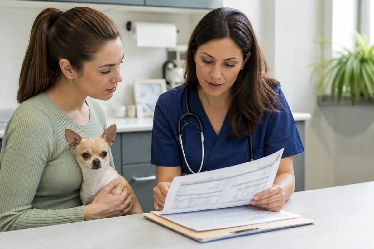 Veterinarian and owner reviewing Chihuahua screening and veterinary records with private details obscured
