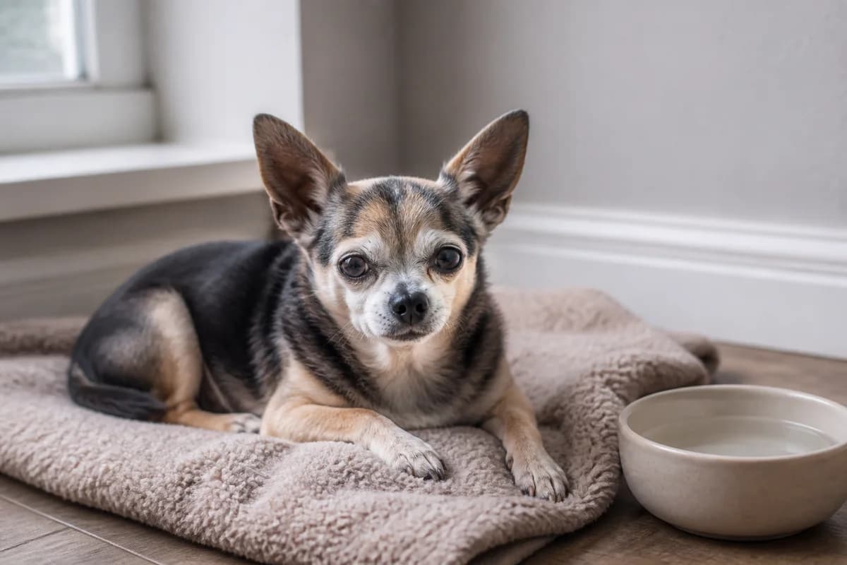Senior Chihuahua resting comfortably on a supportive small blanket near accessible water