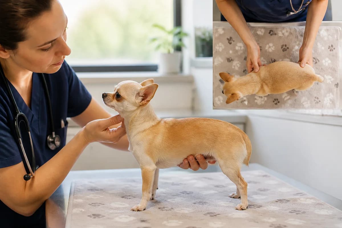 Veterinarian assessing a Chihuahua body condition from the side and above