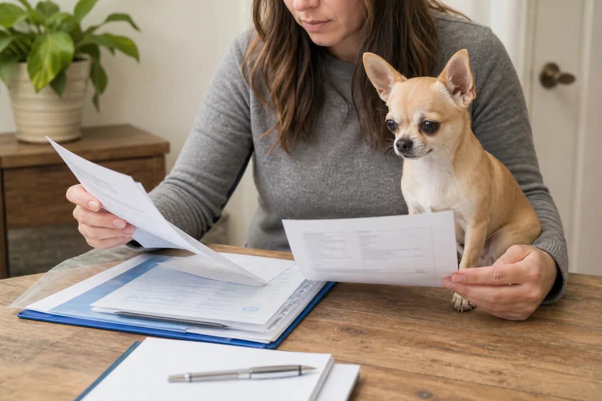 Buyer comparing a contract, health records and itemized costs with private details obscured