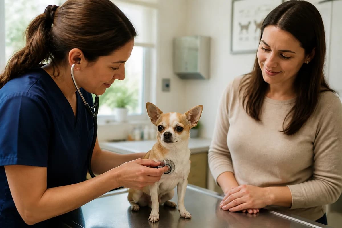 Adult Chihuahua during a routine veterinary wellness visit with owner present
