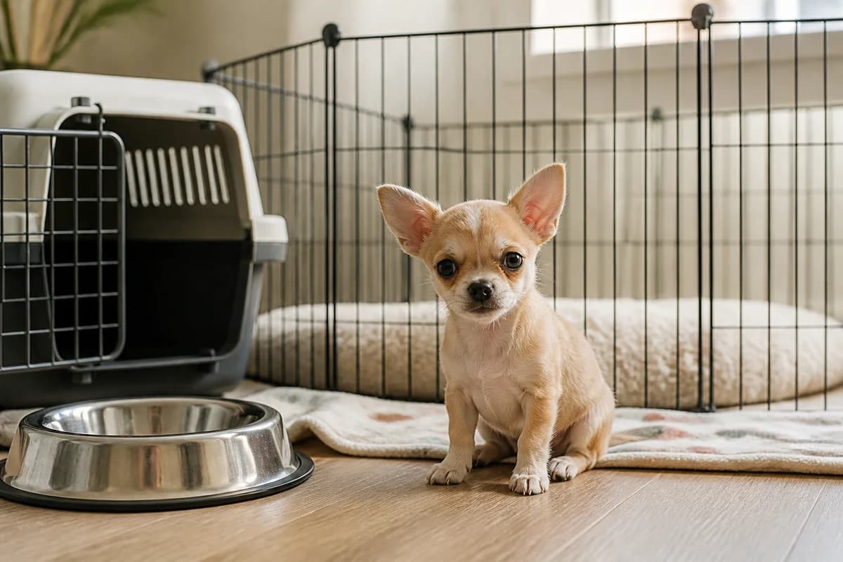 Chihuahua puppy near a realistic carrier, playpen, feeder and blanket setup