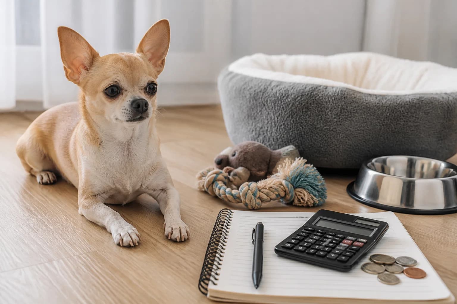 Adult Chihuahua beside a household budget notebook and realistic small-dog supplies without visible brand logos