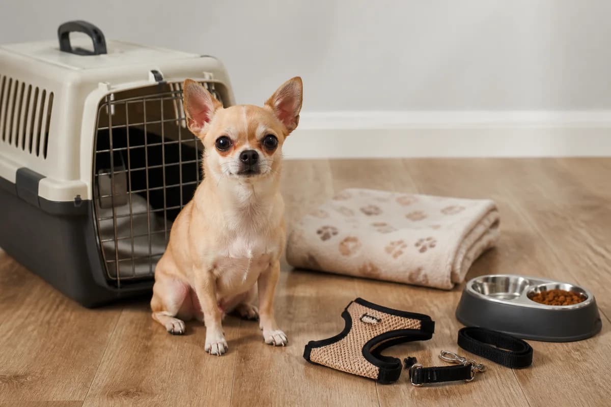 Adult Chihuahua beside a correctly sized carrier, small harness, feeder and blanket