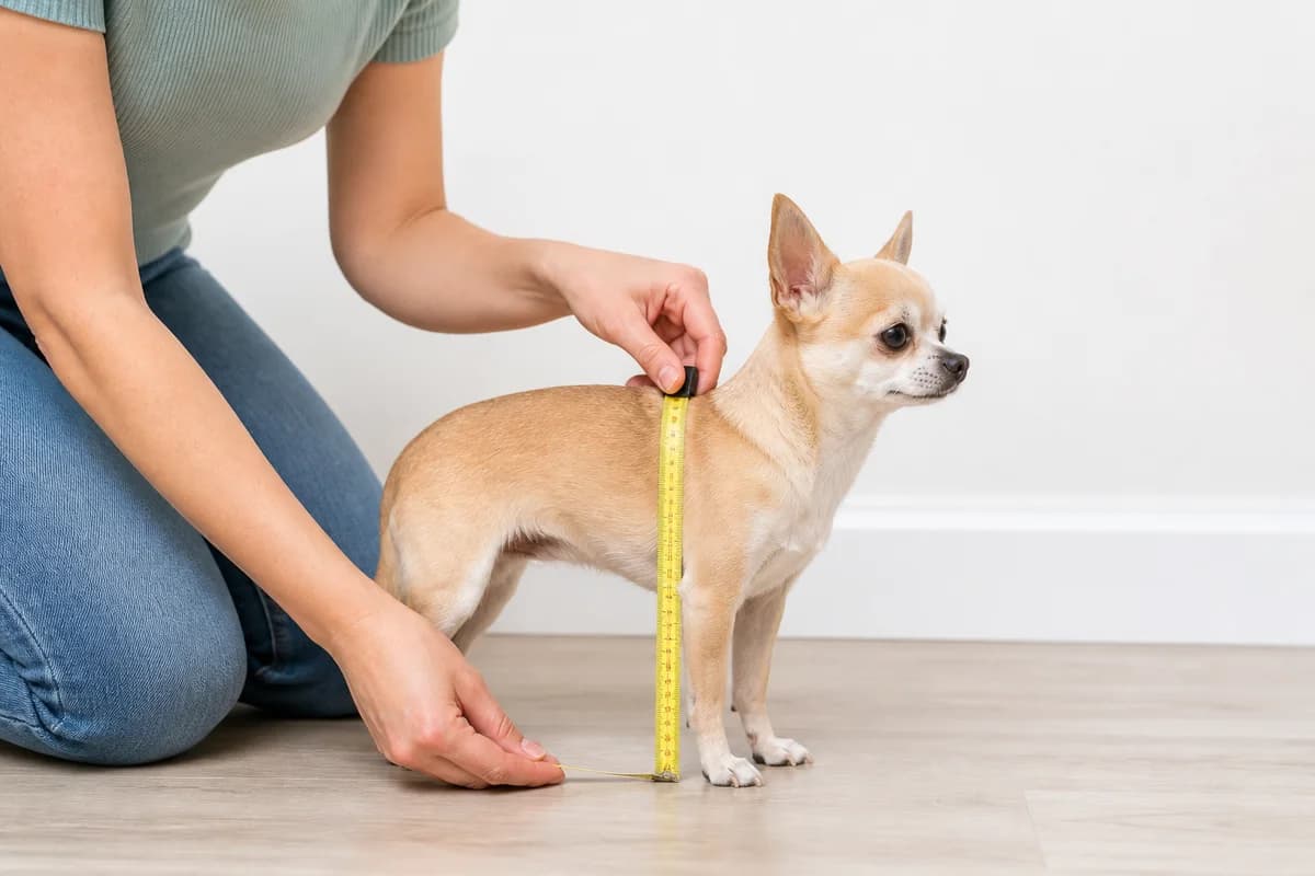 Owner measuring a calm Chihuahua at the withers on a level floor
