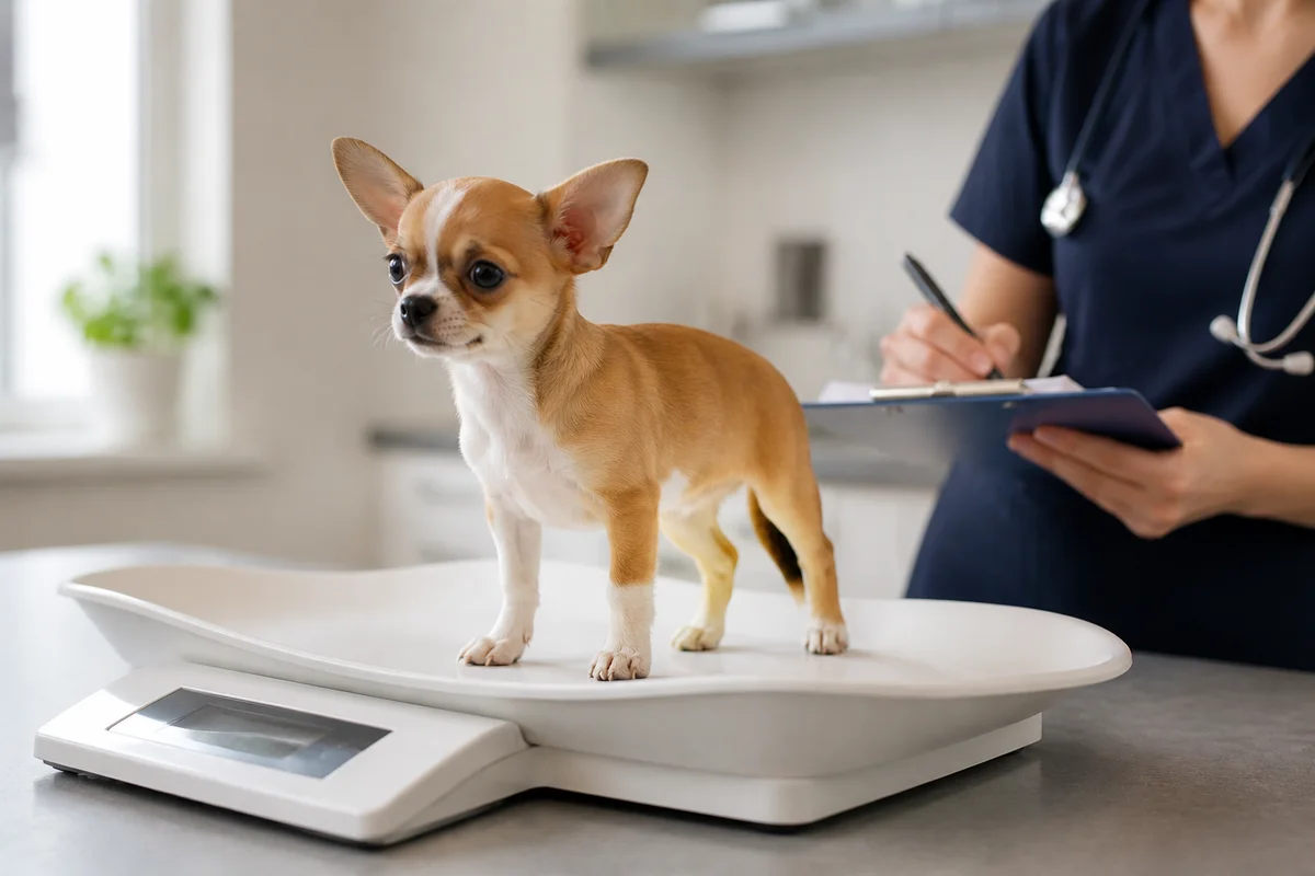 Chihuahua puppy at a routine weigh-in on a veterinary scale