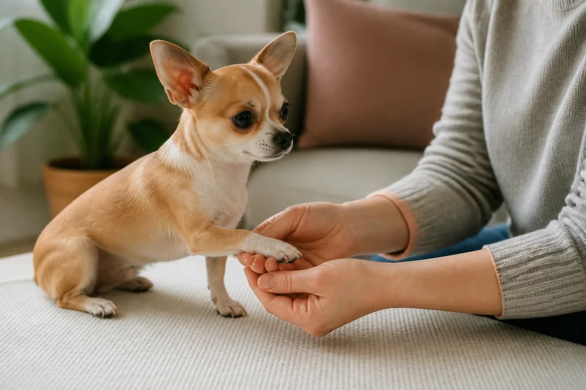 Owner gently practicing paw handling with a relaxed Chihuahua on a stable surface