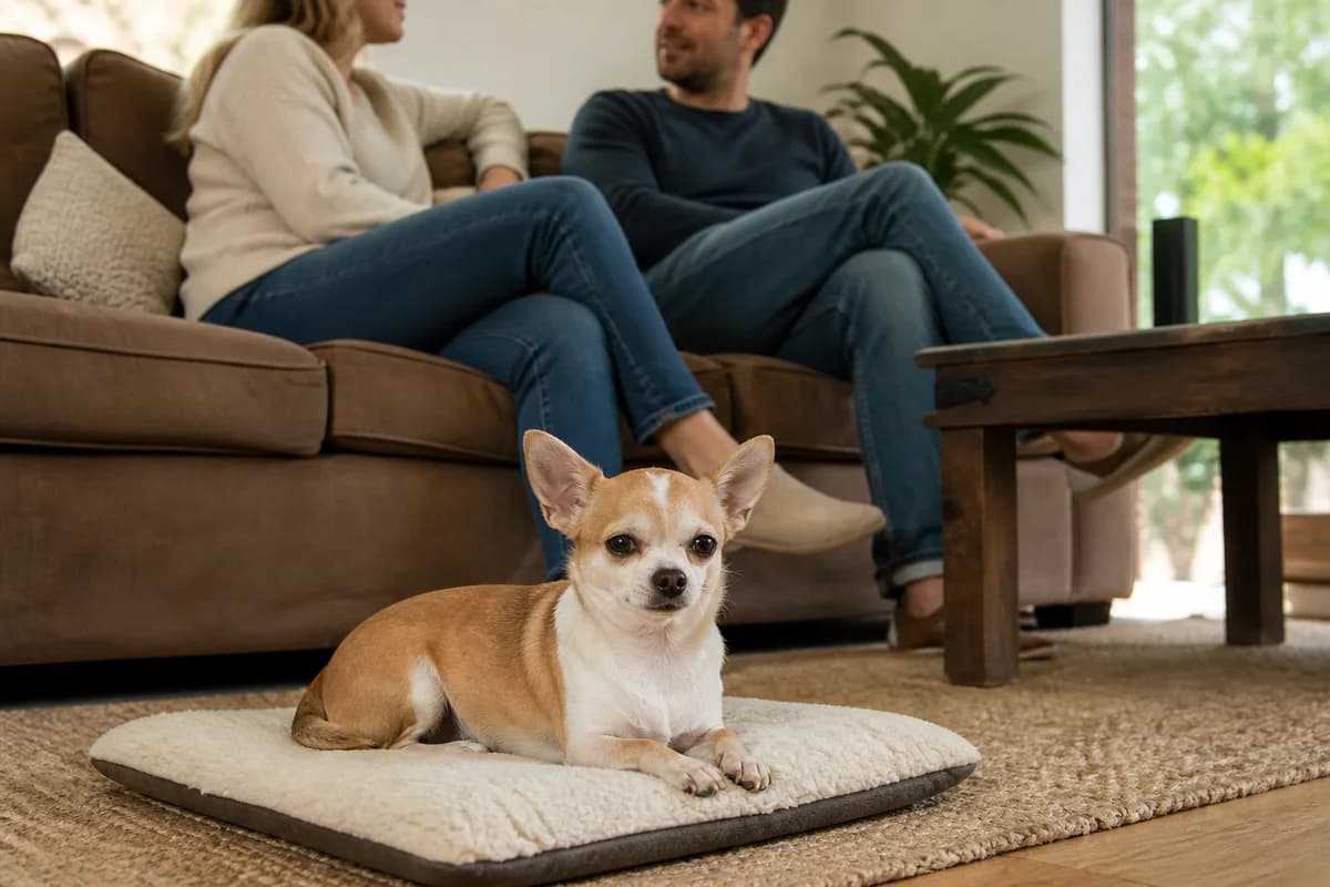 Chihuahua settled on a mat while adult family members converse nearby, no child contact staged