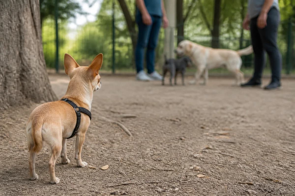 Adolescent Chihuahua calmly observing people and dogs from a safe distance
