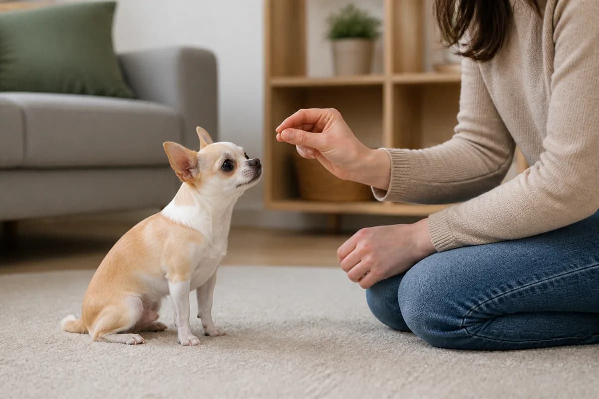 Chihuahua responding to a reward-based cue with an adult handler at floor level