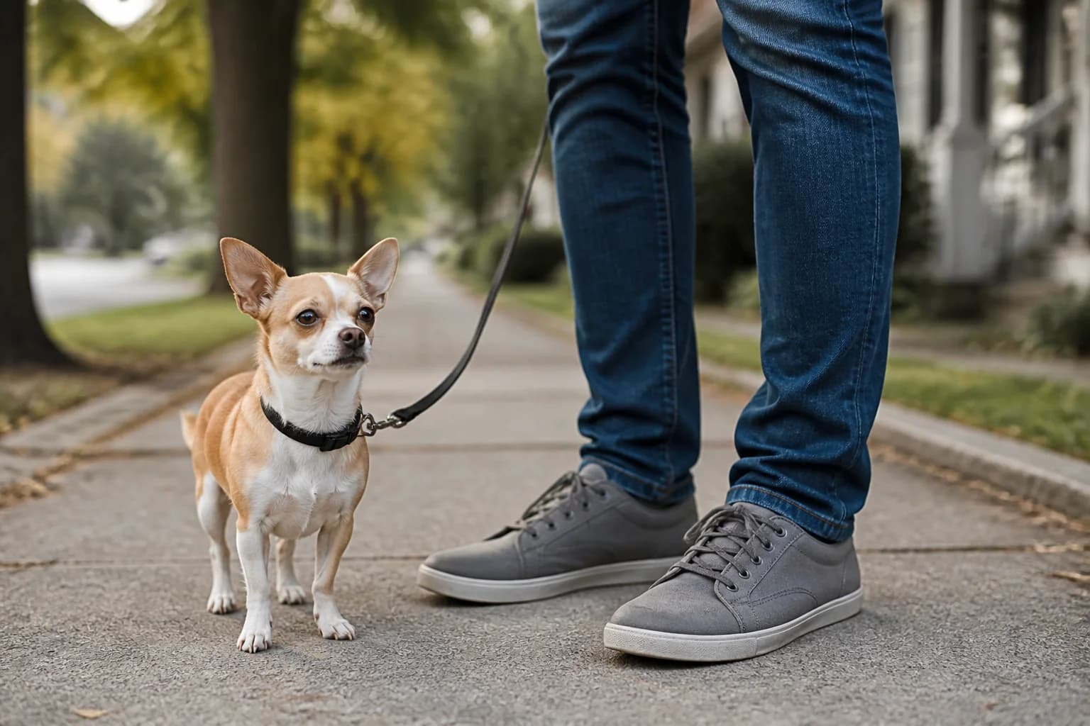 Adult Chihuahua calmly standing beside an adult handler in a quiet neighborhood