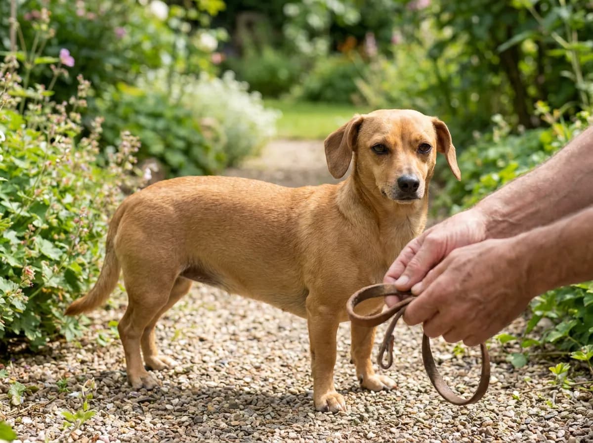 Illustrated tan smooth-coated Chiweenie standing on a garden path beside hands holding a leash.
