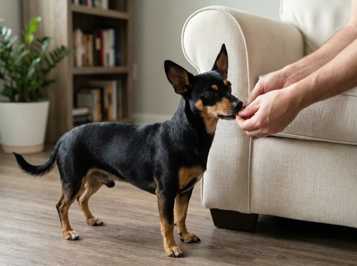 Illustrated black-and-tan Chiweenie standing beside a cream sofa and sniffing an offered hand.