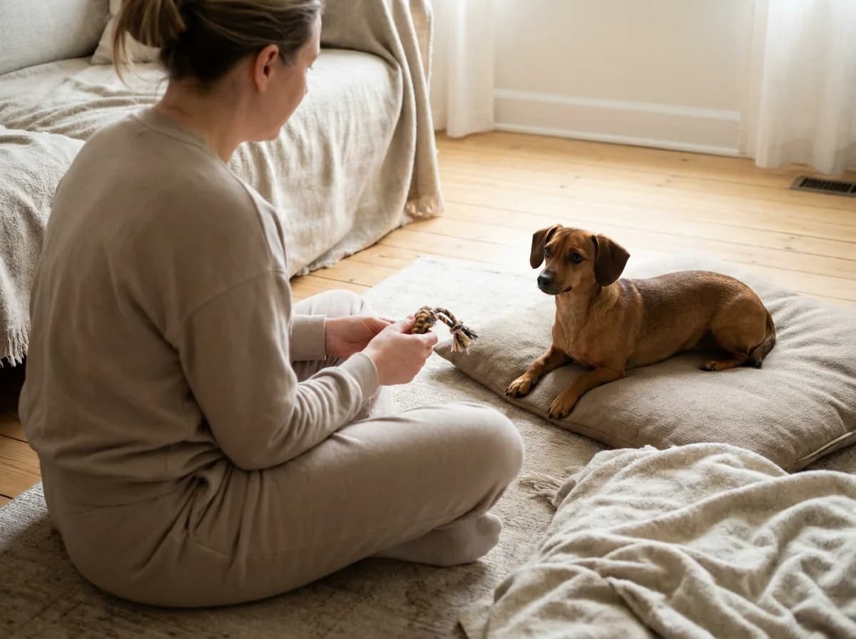 Illustrated brown Chiweenie resting on a floor cushion across from a seated person holding a toy.