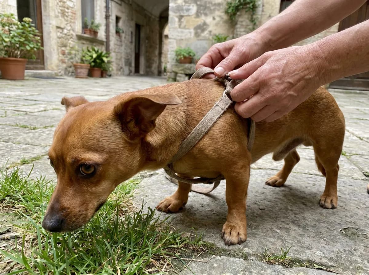 Illustrated tan Chiweenie sniffing grass beside a stone courtyard while a person adjusts its harness.