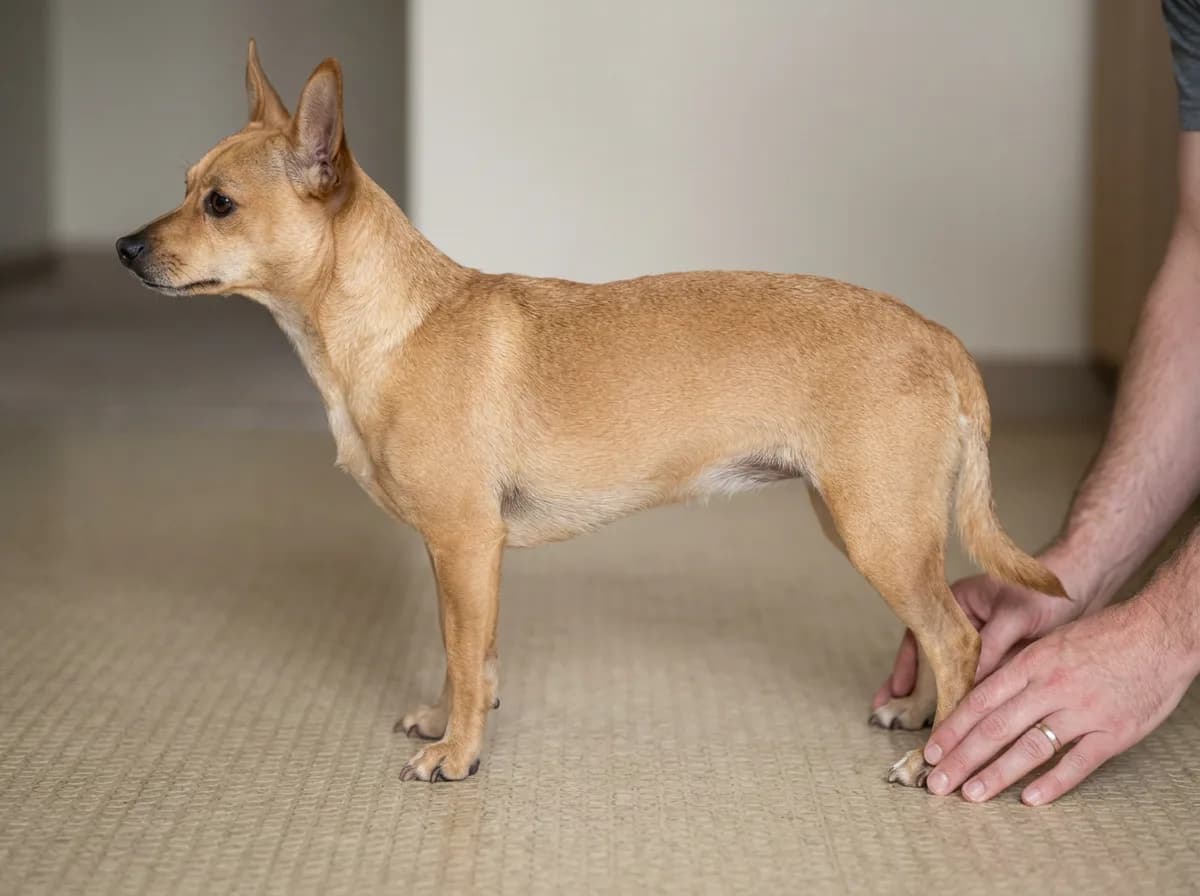 Illustrated tan adult Chiweenie in side profile on a textured floor beside a kneeling person.