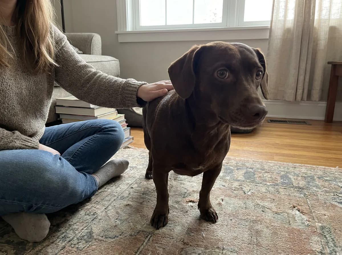 Illustrated chocolate adult Chiweenie standing beside a person seated on a rug.