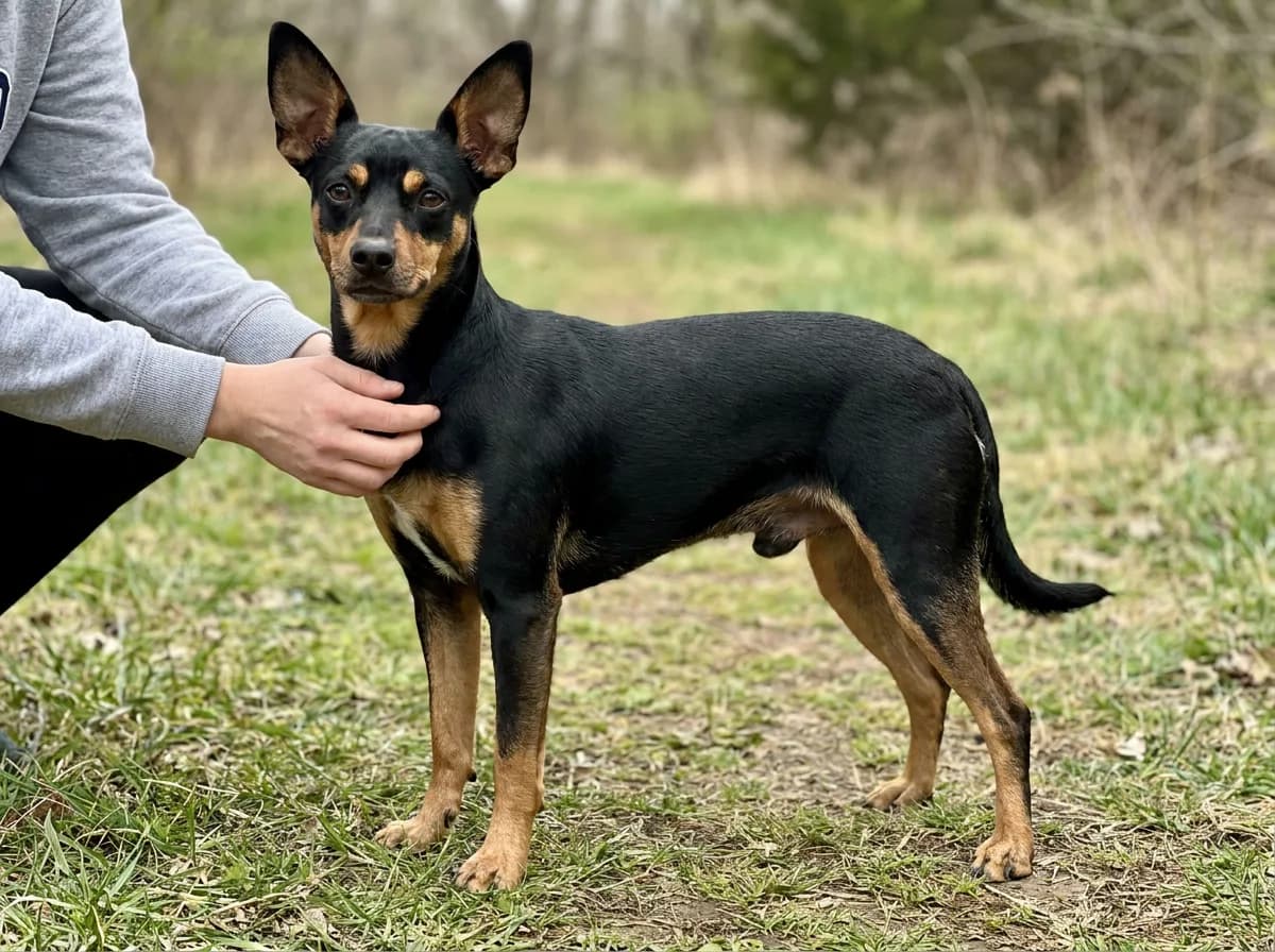 Illustrated black-and-tan adult Chiweenie with upright ears standing in profile on grass.