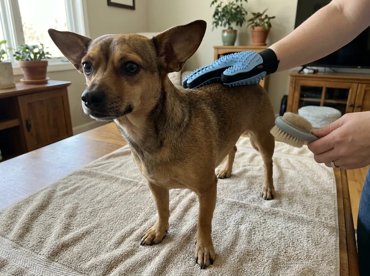 Illustrated smooth-coated Chiweenie standing on a towel beside a grooming glove and brush.