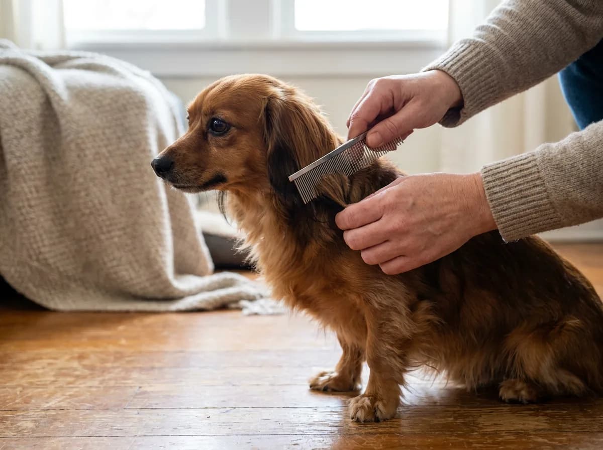 Illustrated long-haired Chiweenie sitting while a person gently combs its neck feathering.