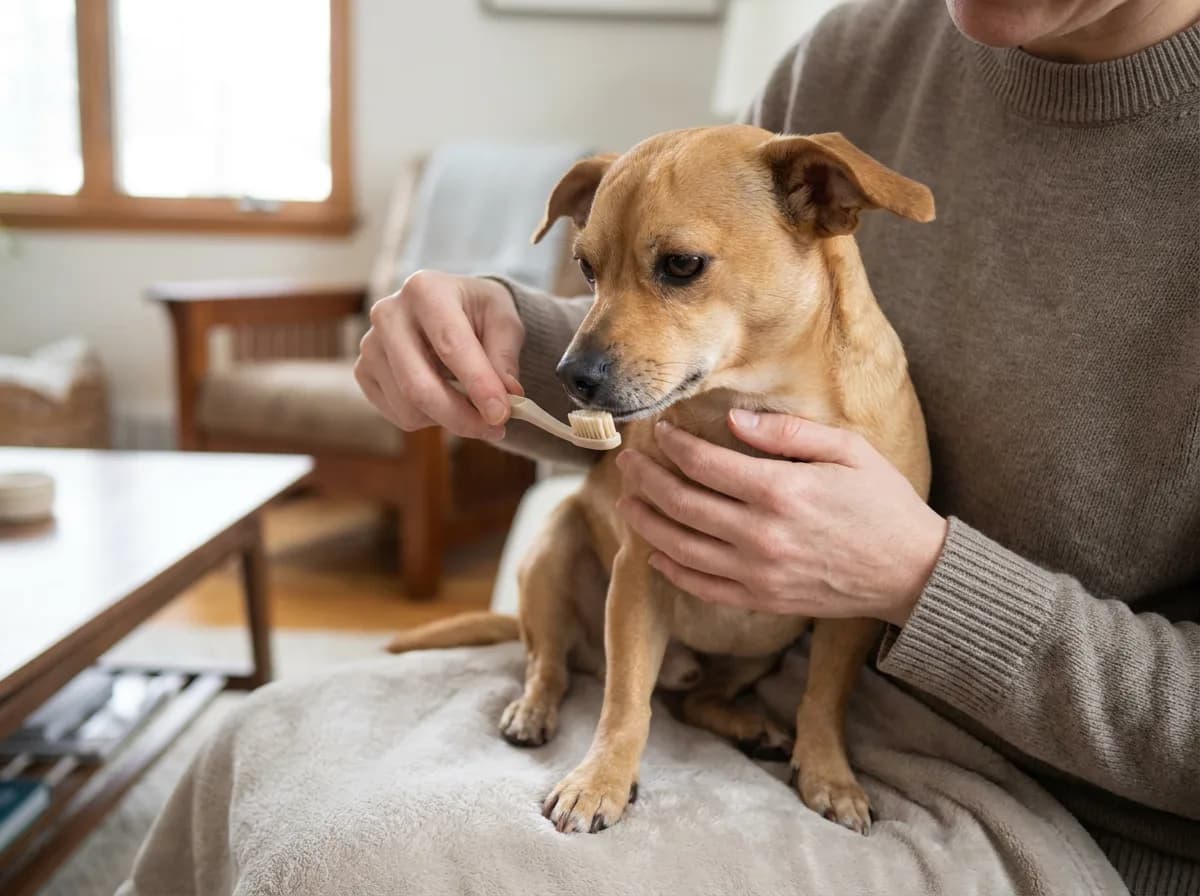 Illustrated tan Chiweenie sitting on a lap and sniffing a toothbrush held near its muzzle.