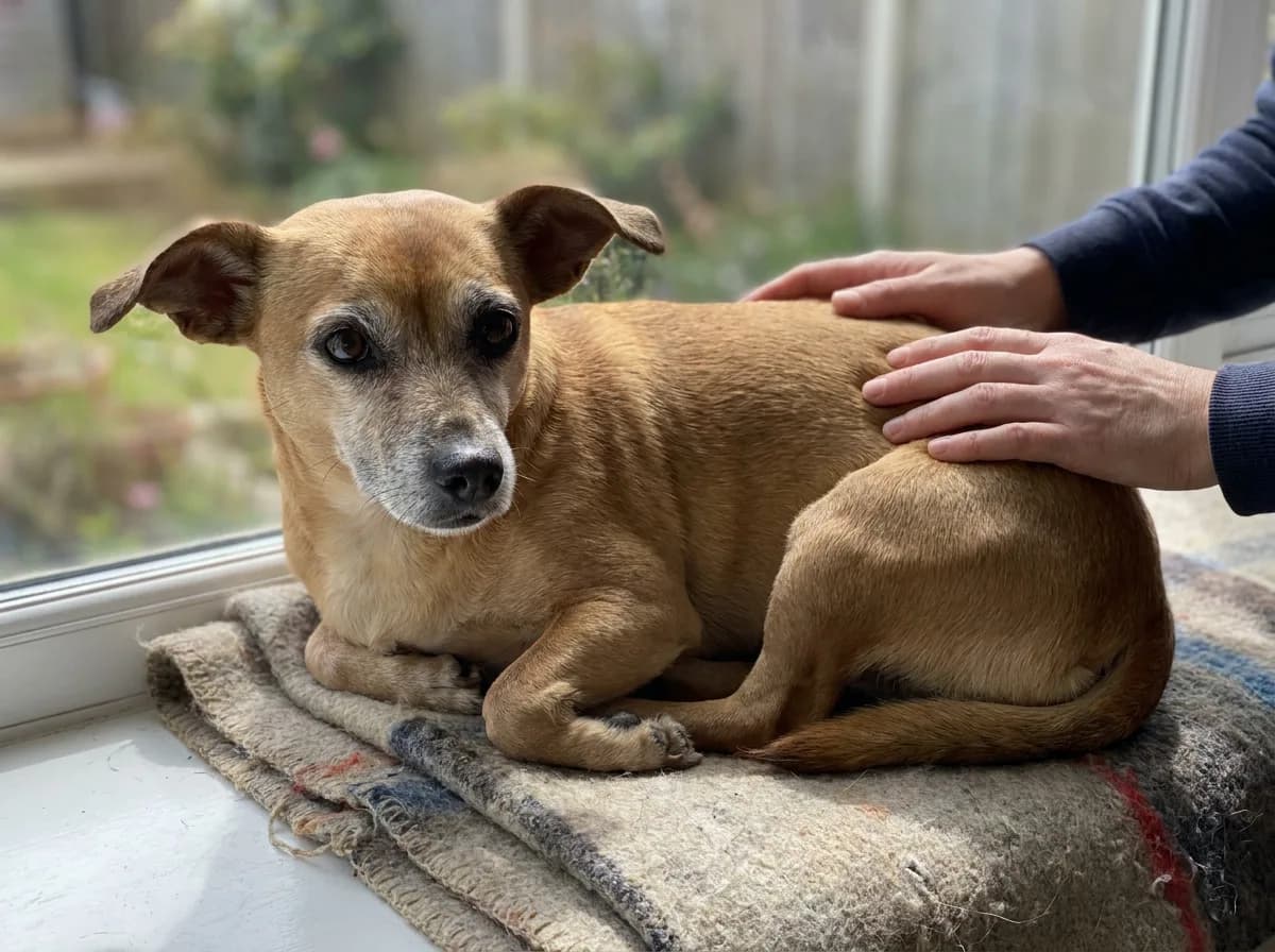 Illustrated mature tan Chiweenie with a gray muzzle resting on a cushion beside a window.