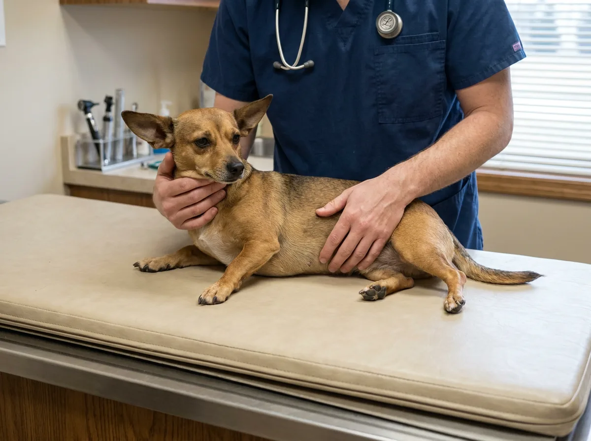 Illustrated veterinarian gently supporting a tan Chiweenie on a padded examination table.