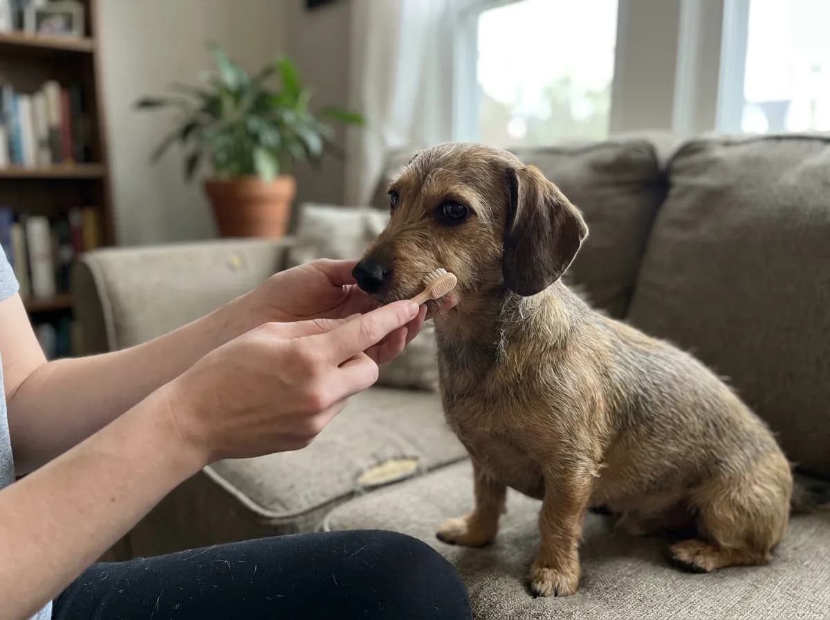 Illustrated wire-haired brown Chiweenie sniffing a small toothbrush held near its muzzle.