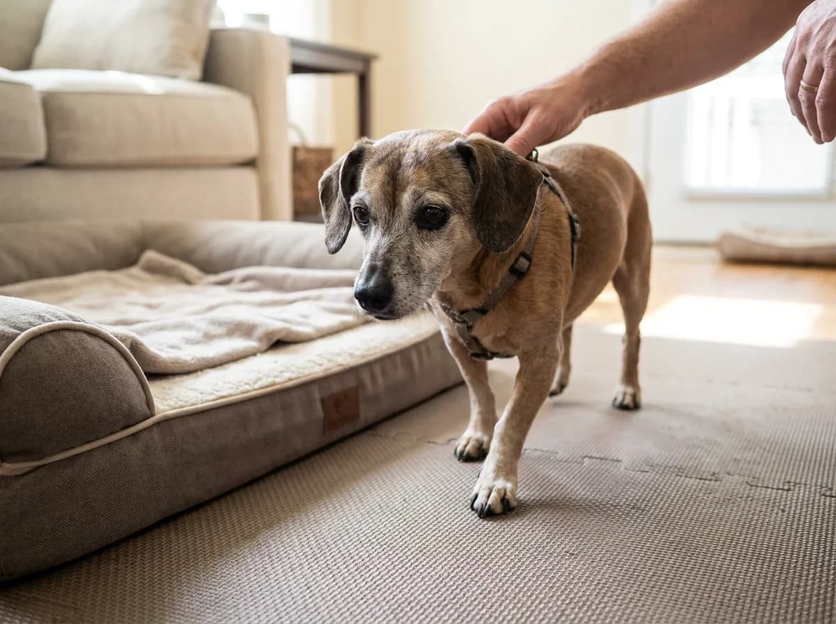 Illustrated older Chiweenie standing on a floor mat beside a low padded dog bed.