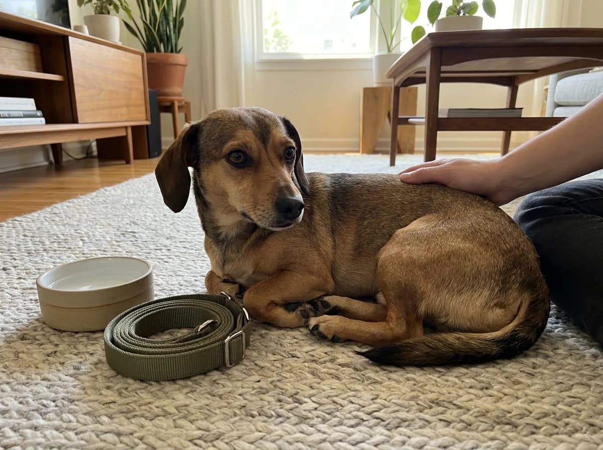 Illustrated Chiweenie resting beside a bowl, coiled lead, and carrier in a living room.