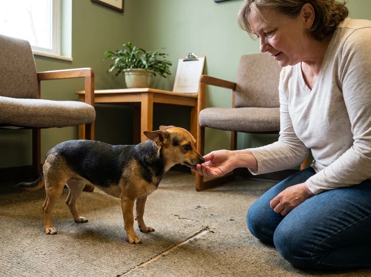 Illustrated black-and-tan Chiweenie approaching a treat offered by a seated adult.