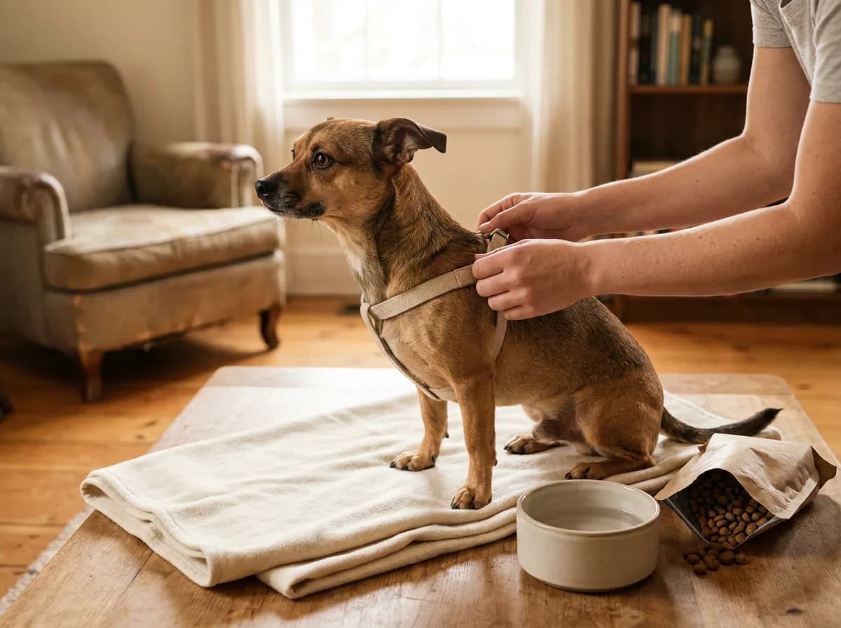 Illustrated tan Chiweenie sitting beside bedding and a bowl while a person fits a harness.
