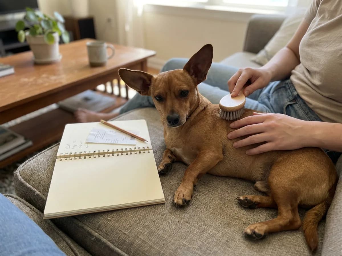 Illustrated Chiweenie being brushed beside an open notebook on a cushioned seat.
