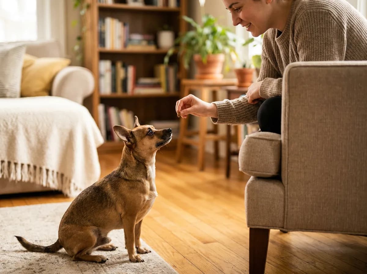 Illustrated tan Chiweenie sitting attentively in front of a seated person holding a small reward.