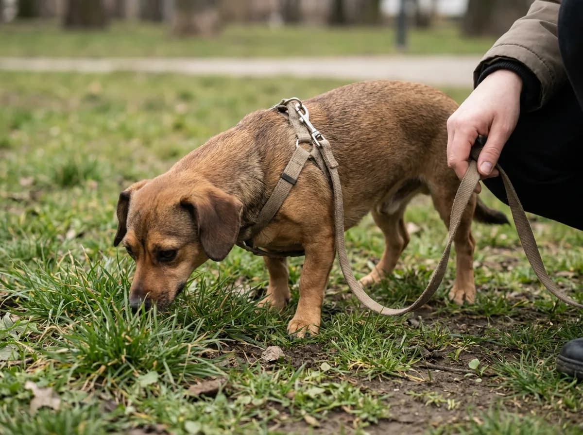Illustrated Chiweenie sniffing grass while a handler holds a slack leash attached to a harness.