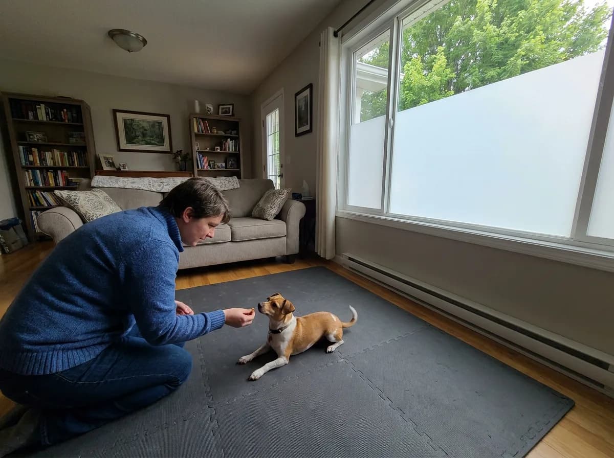 Illustrated Chiweenie resting on a floor mat while a person offers a reward, with opaque film covering the lower window.