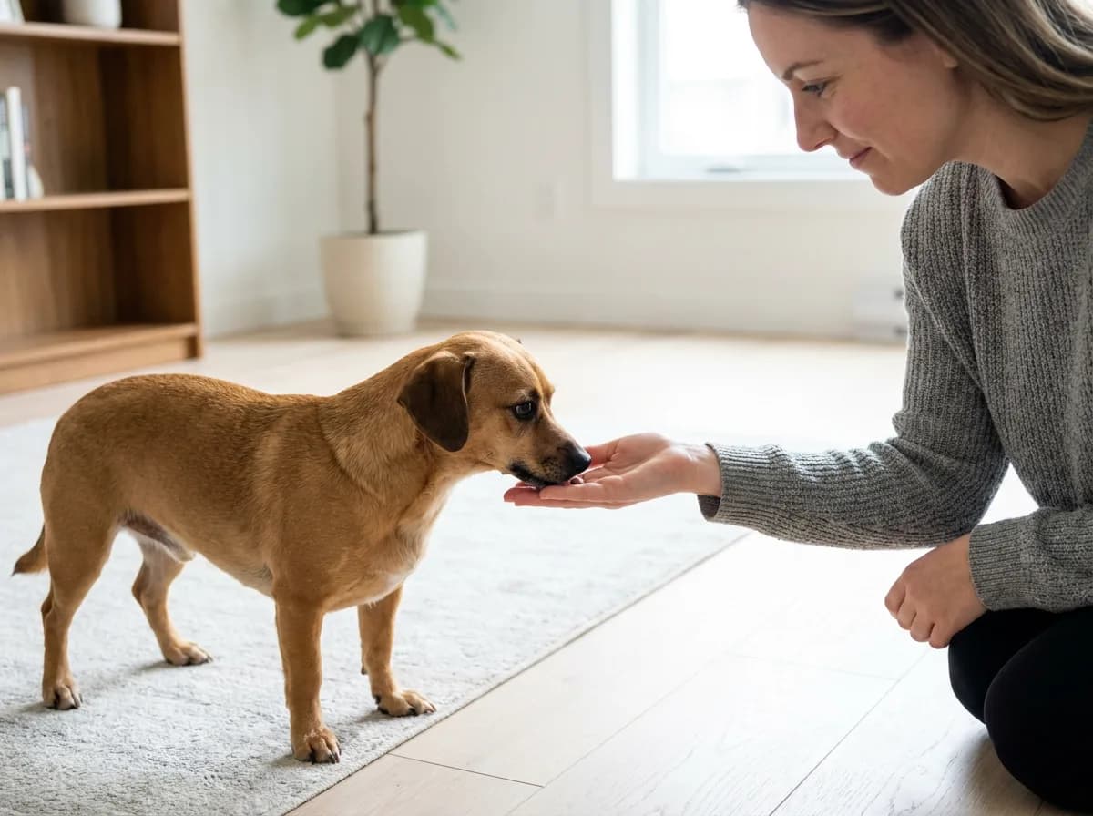 Illustrated tan Chiweenie touching its muzzle to an open hand held by a kneeling person.