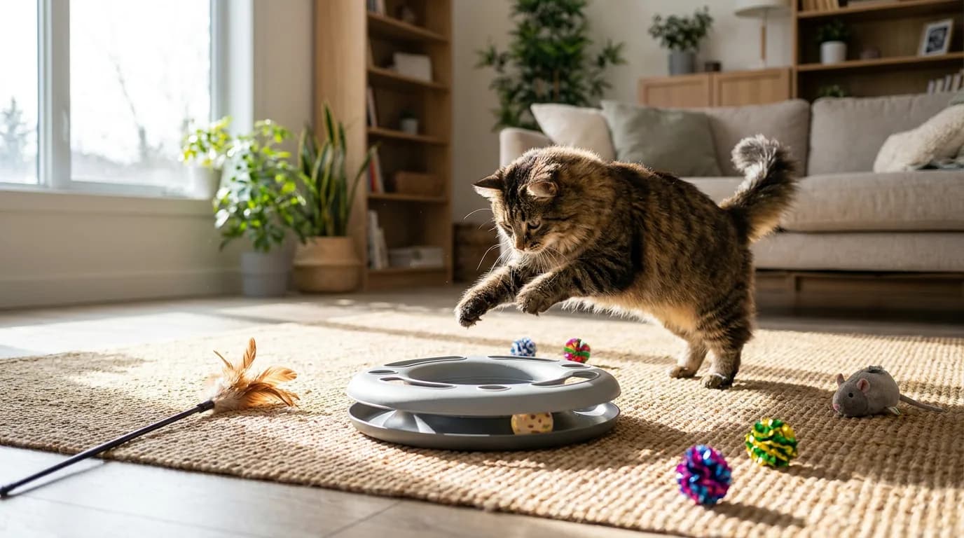 Brown tabby cat leaping mid-pounce toward a gray ball-track toy on a woven rug, with a feather wand, glitter balls and a plush mouse scattered nearby in a sunlit living room