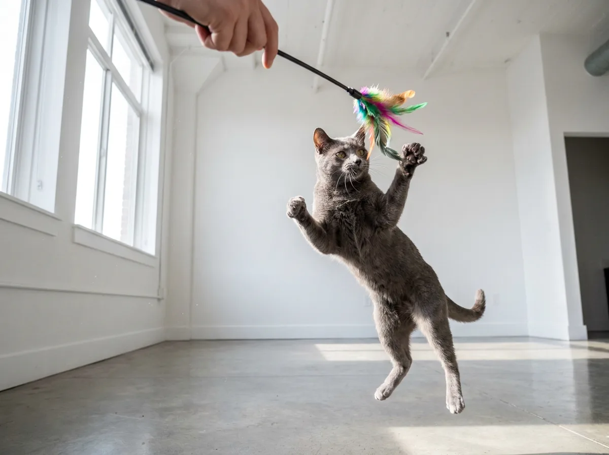 Gray shorthair cat leaping straight up after a multicolored feather wand teaser held by a hand at the top of the frame in a bright white loft