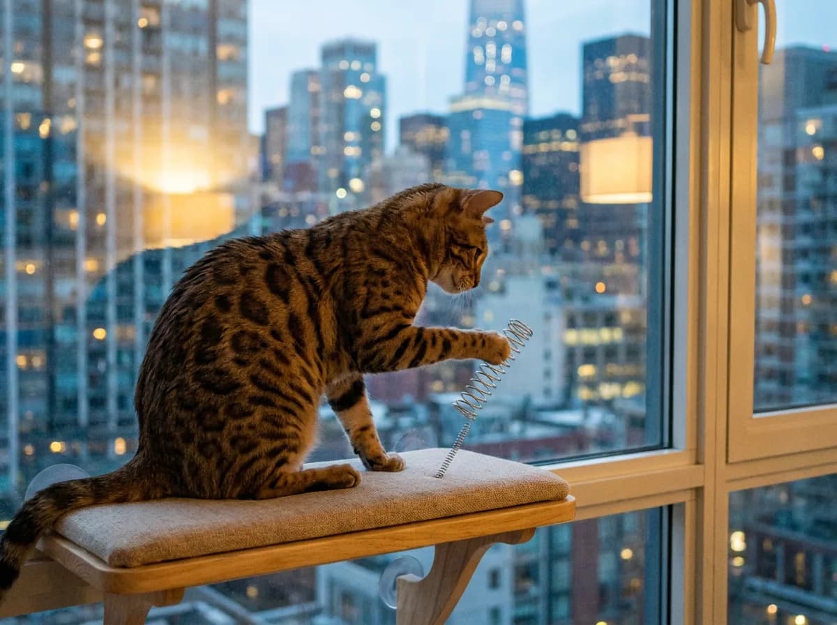 Bengal cat sitting on a cushioned window perch batting a metal coil spring toy, with a city skyline glowing at dusk behind the glass