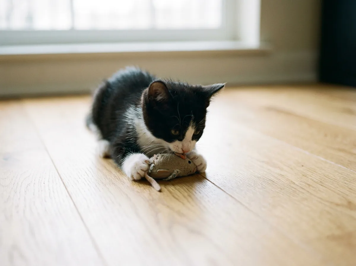 Tiny tuxedo kitten lying on a light wood floor chewing a soft gray fabric toy held between its white paws, photographed from floor level
