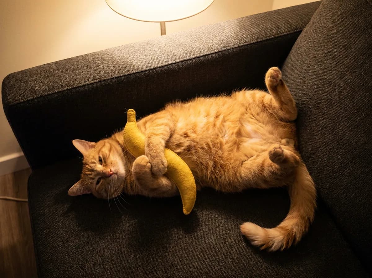 Orange tabby cat rolling on its back on a dark charcoal sofa hugging a yellow banana-shaped catnip toy under warm lamp light, seen from above